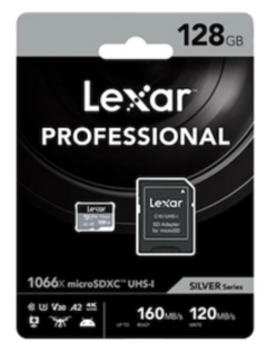 MICROSD 128GB CLASE 10 LEXAR PROFESIONAL V30 A2 4K UHS-I 1066X LECTURA 160MB ESCRITURA 120MB CON ADAPTADOR A SD