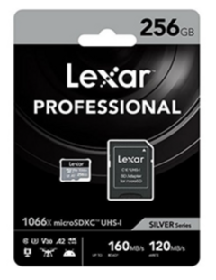 MICROSD 256GB CLASE 10 LEXAR PROFESIONAL V30 A2 4K UHS-I 1066X LECTURA 160MB ESCRITURA 120MB CON ADAPTADOR A SD