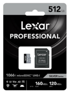 MICROSD 512GB CLASE 10 LEXAR PROFESIONAL V30 A2 4K UHS-I 1066X LECTURA 160MB ESCRITURA 120MB CON ADAPTADOR A SD