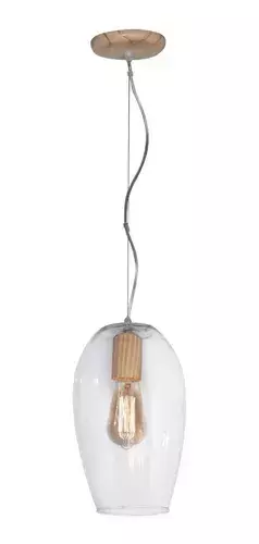 Colgante techo 1 luz E27 madera natural tulipa de vidrio transparente nórdico CARILUX - comprar online
