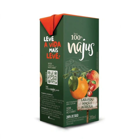 Najus 100% Suco Misto Laranja, Maçã e Acerola Zero Adição de Açúcar 200ml – Caixa com 27 unidades
