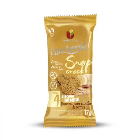 Biscoito Integral Unisnacks Sabor Banana com Canela e Cereais Sem Açúcar 17g – Caixa com 180 unidades
