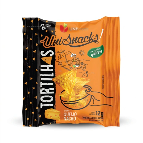 Tortilhas Unisnacks Sabor Queijo Nacho 12g – Caixa com 100 unidades