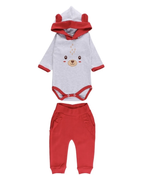 Conjunto Baby Bee Body Manga Longa Com Capuz Urso + Calça