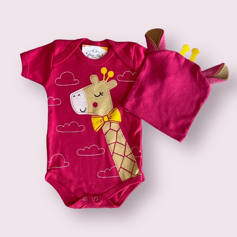 KIT BODY + TOUCA GIRAFINHA ROSA