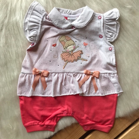 Macacão Curto Baby Gijo Bordado De Bailarina Com Strass Laço