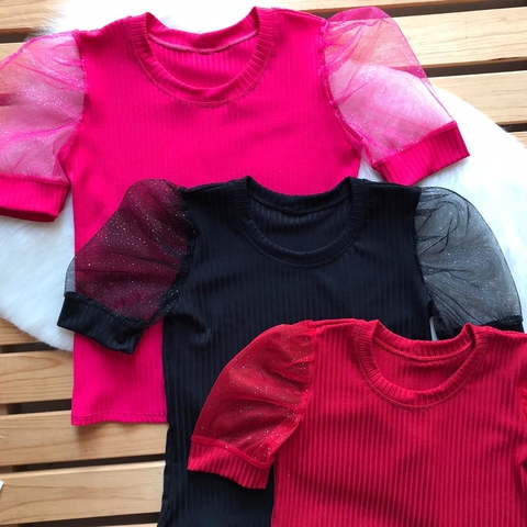 BLUSINHA CANELADA COM MANGA PRINCESA E GLITER