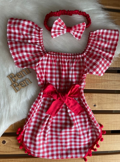 ROMPER XADREZ POMPOM - VERMELHO 6 A 9 MESES