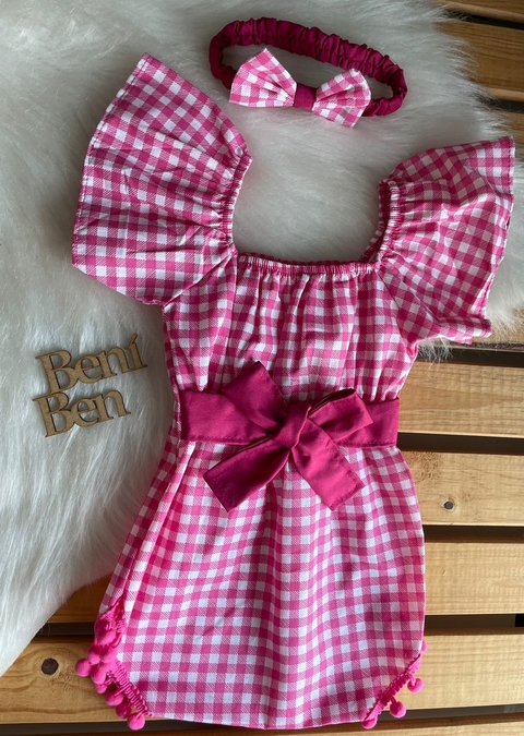 ROMPER XADREZ POMPOM - ROSA 6 A 9 MESES