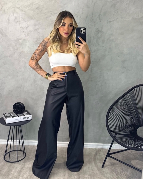 Calca wide leg Couro