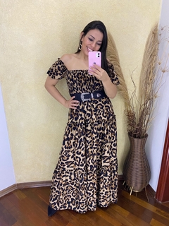 Imagem do VESTIDO LONGO MANGA CIGANINHA COM LASTEX NO BUSTO ESTAMPADO ANIMAL PRINT ONÇA