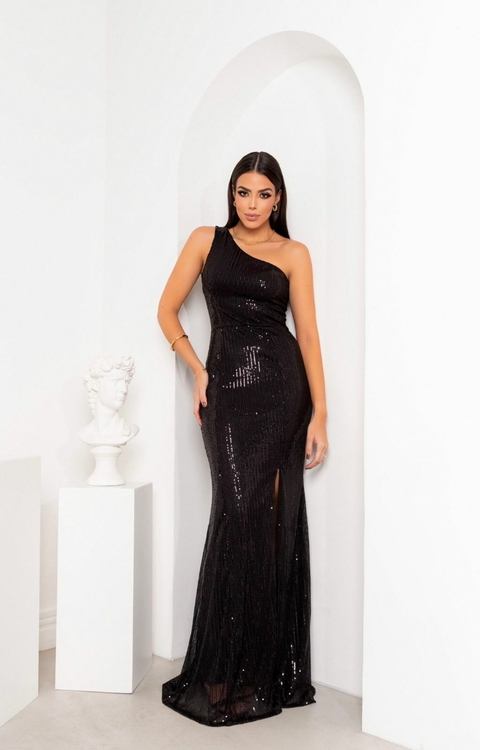 Vestido Longo Paete preto Juliana manga única