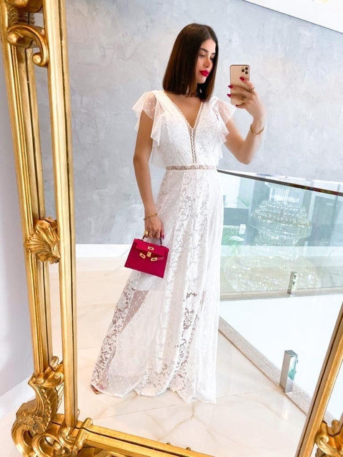 Vestido Longo Rendado com Tule Helena