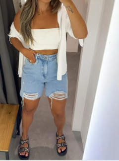 Bermuda jeans com barra desfiada, sem Elastano Cós Alto na internet