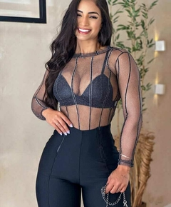 Body Bory Tule Brilho Festa Feminino Transparente Manga LONGA