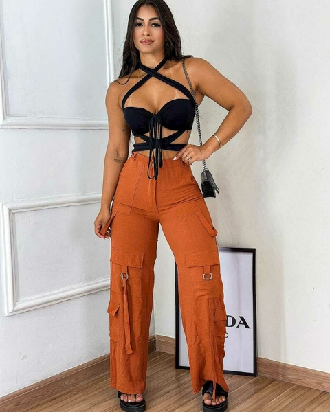 Calça Pantalona Cargo Premium Feminina Tecido Alfaiataria Marrom - comprar online