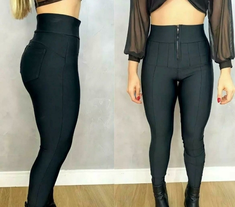 Calça Lipo Tecido Suplex Power Modeladora Cintura Alta Com Cinta de Compressão