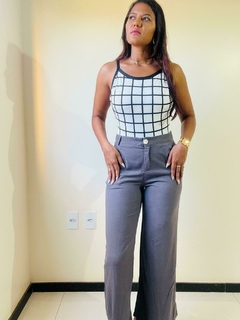 Calça Pantalona Linho Feminina Cinza Cintura Alta Com Bolso - comprar online