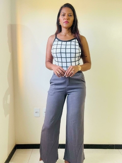 Calça Pantalona Linho Feminina Cinza Cintura Alta Com Bolso - loja online