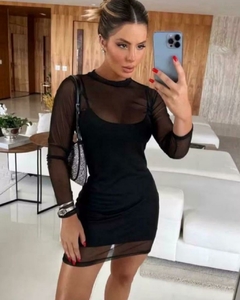 Vestido tule transparente curto manga longa de festa e balada - comprar online