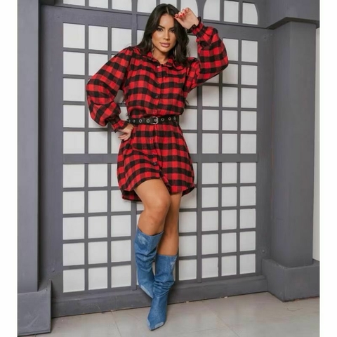 Chemise Xadrez Feminino vestido Chamise longa/Manga comprida