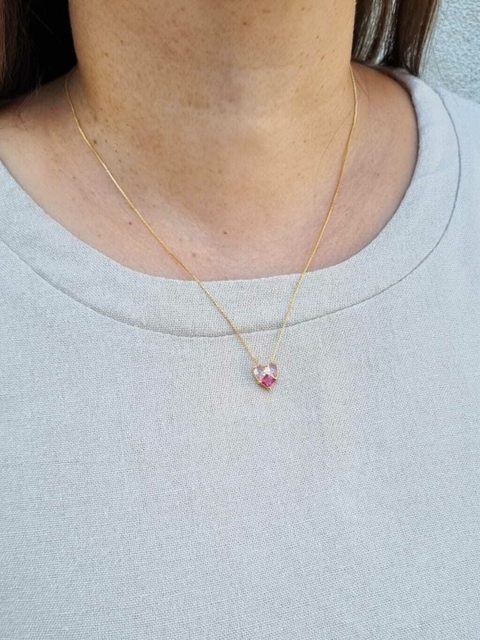 Colar Coração Rosa e Pink Zircônia Banho de Ouro 18K