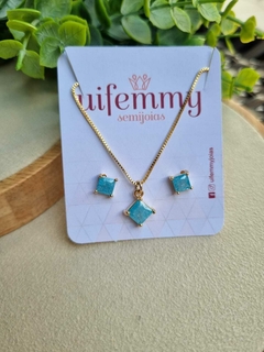 Conjunto Losango Zircônia Azul Banho de Ouro 18K