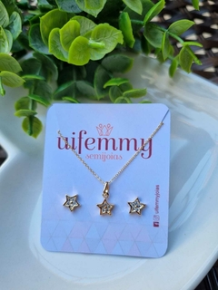 Conjunto Infantil Estrela Zircônias Banho de Ouro 18K