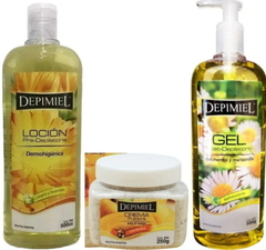 Combo 1 Loción Pre - Depilatoria Dermohigiénica x 500 cc + 1 Crema Pulidora con Apricot x 250 g + 1 Gel Refrescante Post Depilatorio x 475 g - Depimiel