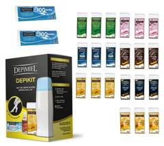 Combo 2 Bandas de Papel para Retirar Cera x 100 unid + 1 Depikit - Kit Depilatorio A Roll - On x 1 unid + 3 Ceras Roll - On Alta Adherencia x 100 g + 3 Ceras Roll - On Suave x 100 g + 3 Ceras Roll - On Hombre x 100 g + 3 Ceras Roll - On Chocolate x 100 g + 3 Ceras Roll - On Clásica x 100 g + 3 Ceras Roll - On Negra x 100 g + 3 Ceras Roll - On Maracuyá x 100 g - Depimiel