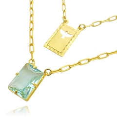 Escapulário Retangulo Espírito Santo Pedra Azul Claro Carrier Diamantada 3mm 70cm (11,4g) (Banho Ouro 24k) - ShiromaJoias