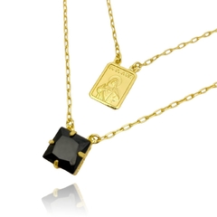 Escapulário Sagrado Coração de Jesus Pedra Preta 2mm 70cm Carrier Diamantada (Banho Ouro 24k) na internet