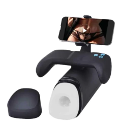 Masturbador automático vai e vem com joystick e suporte para celular exibindo vídeo erótico