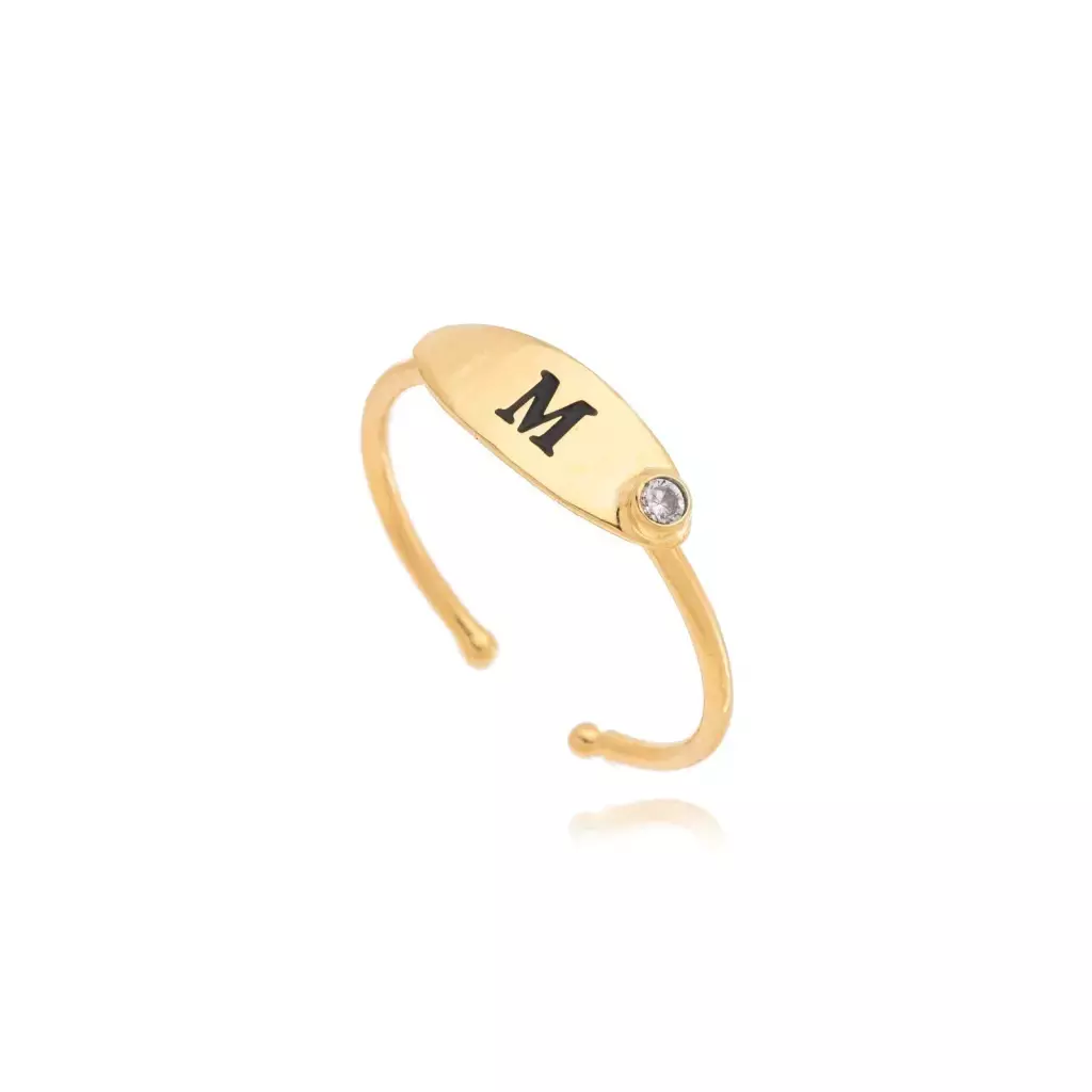 ANEL CHAPA OVAL COM LETRA E ZIRCONIA