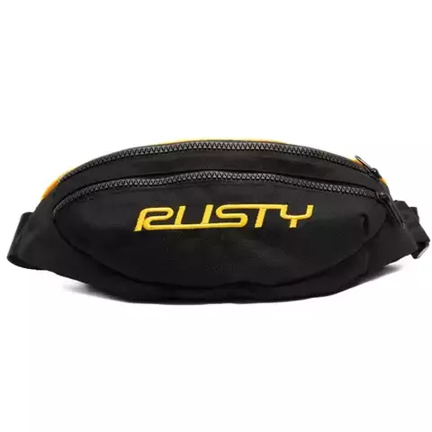 Riñonera Rusty Blur Sling negra en nylon, doble compartimento frontal, cierres reforzados y logo amarillo – unisex.