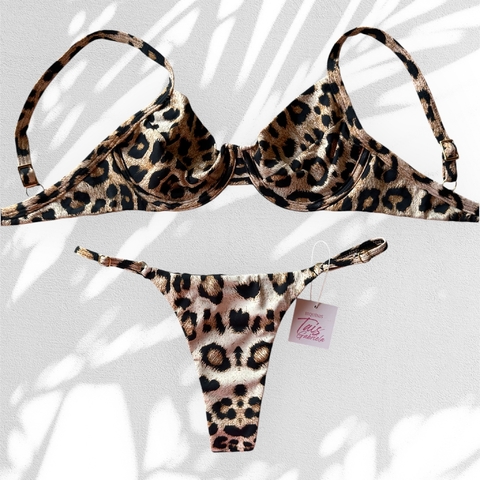 Biquíni de Aro Liso Estampado com Calcinha Fita Regulador de Onça