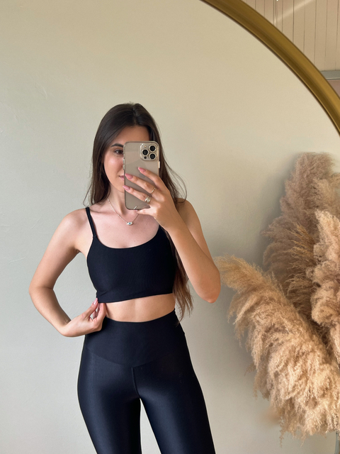 Top Preto Alça Fina Micro Canelado Glow