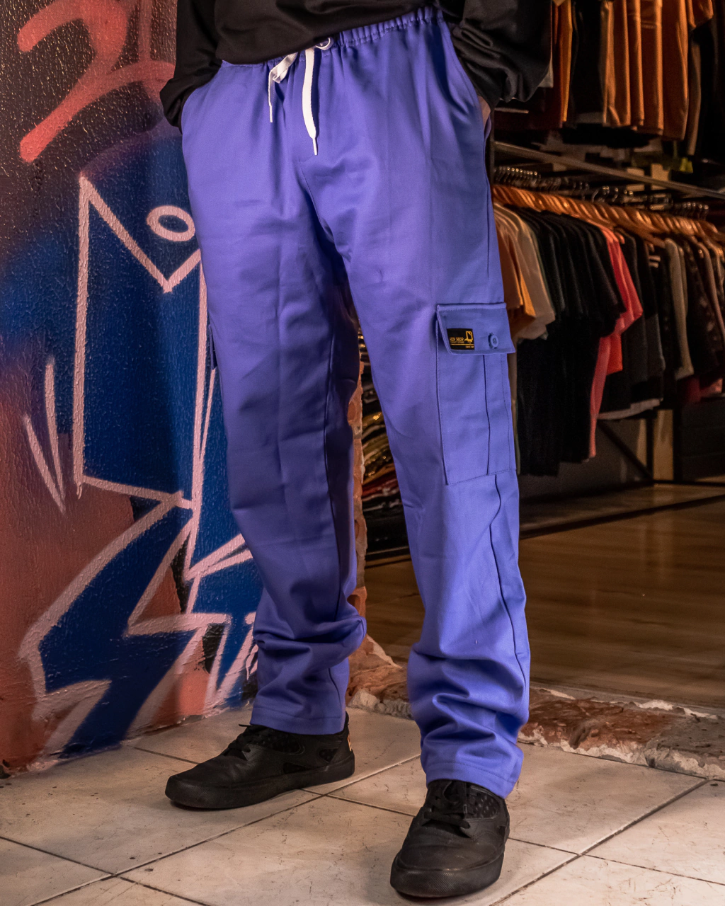 CALÇA DE SARJA CARGO NEST PANOS AZUL E LILÁS ELÁSTICO - NPCS09