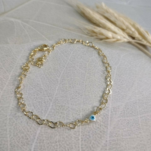 Tornozeleira coração olho grego banhado a ouro