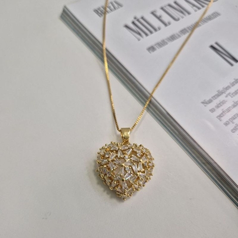 Colar coração zirconia navete banhado ouro