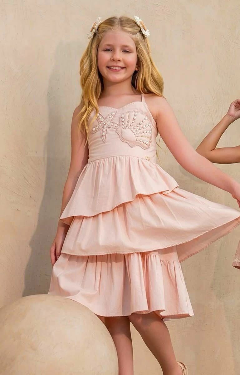 VESTIDO INFANTIL ASSIMETRICO FUNDO DO MAR COM PEROLAS LULUZINHA