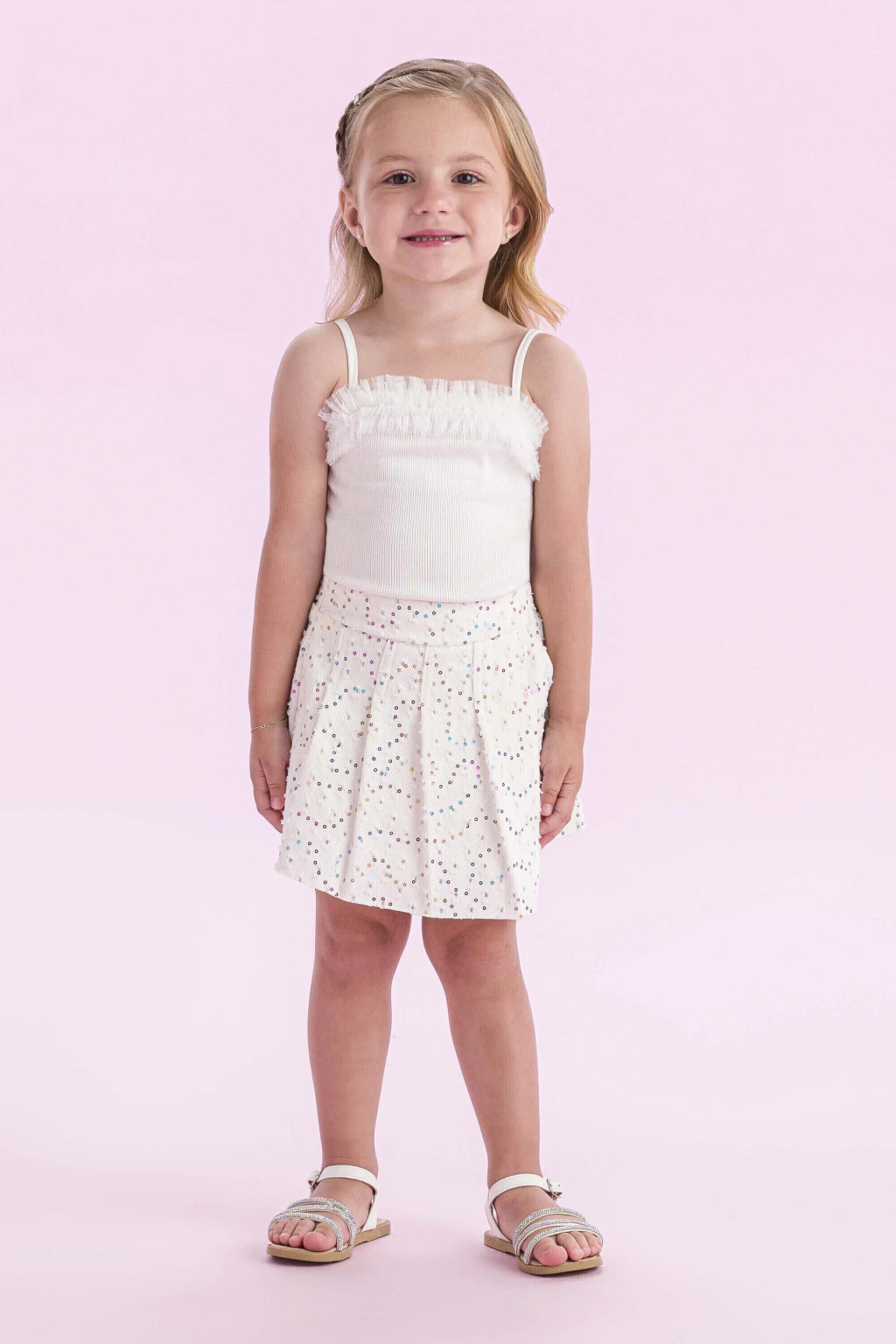 CONJUNTO BLUSA CANELADA COM TULE E SHORT DE PAETÊ PETIT CHERIE