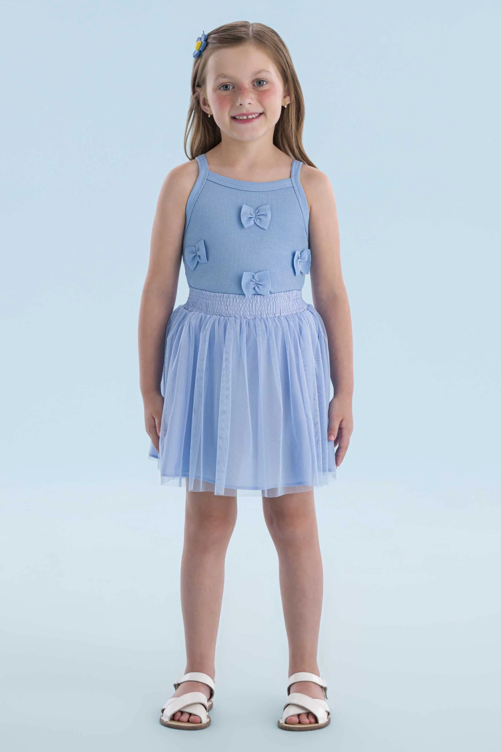 CONJUNTO BLUSA CANELADA E SAIA TULE AZUL MON SUCRE