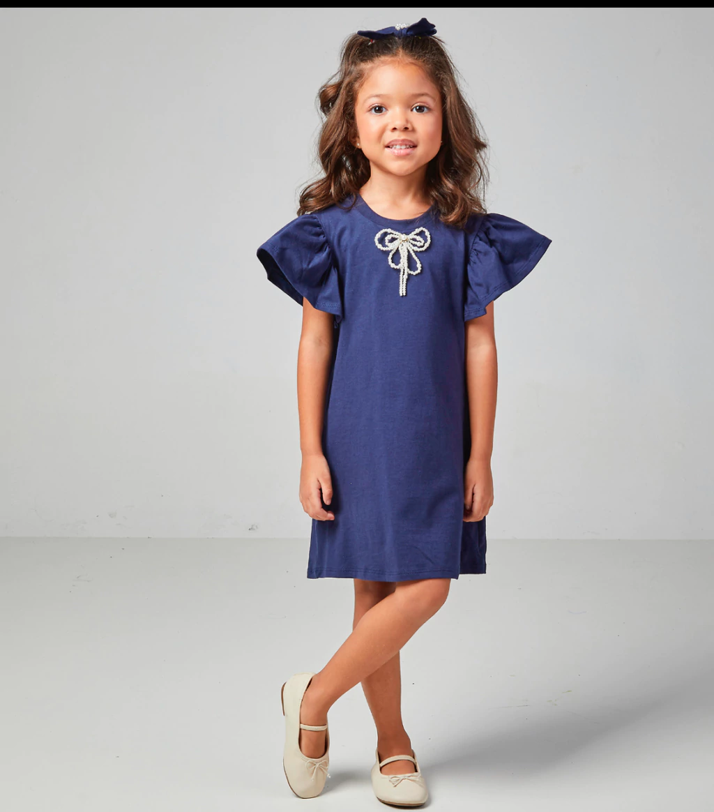VESTIDO FEMININO INFANTIL COM LAÇO DE PEROLAS LULUZINHA