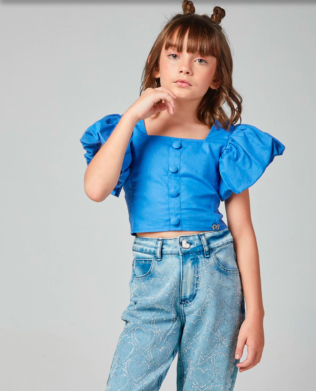 BLUSA FEMININA INFANTIL COM BABADO E BOTÃO LULUZINHA