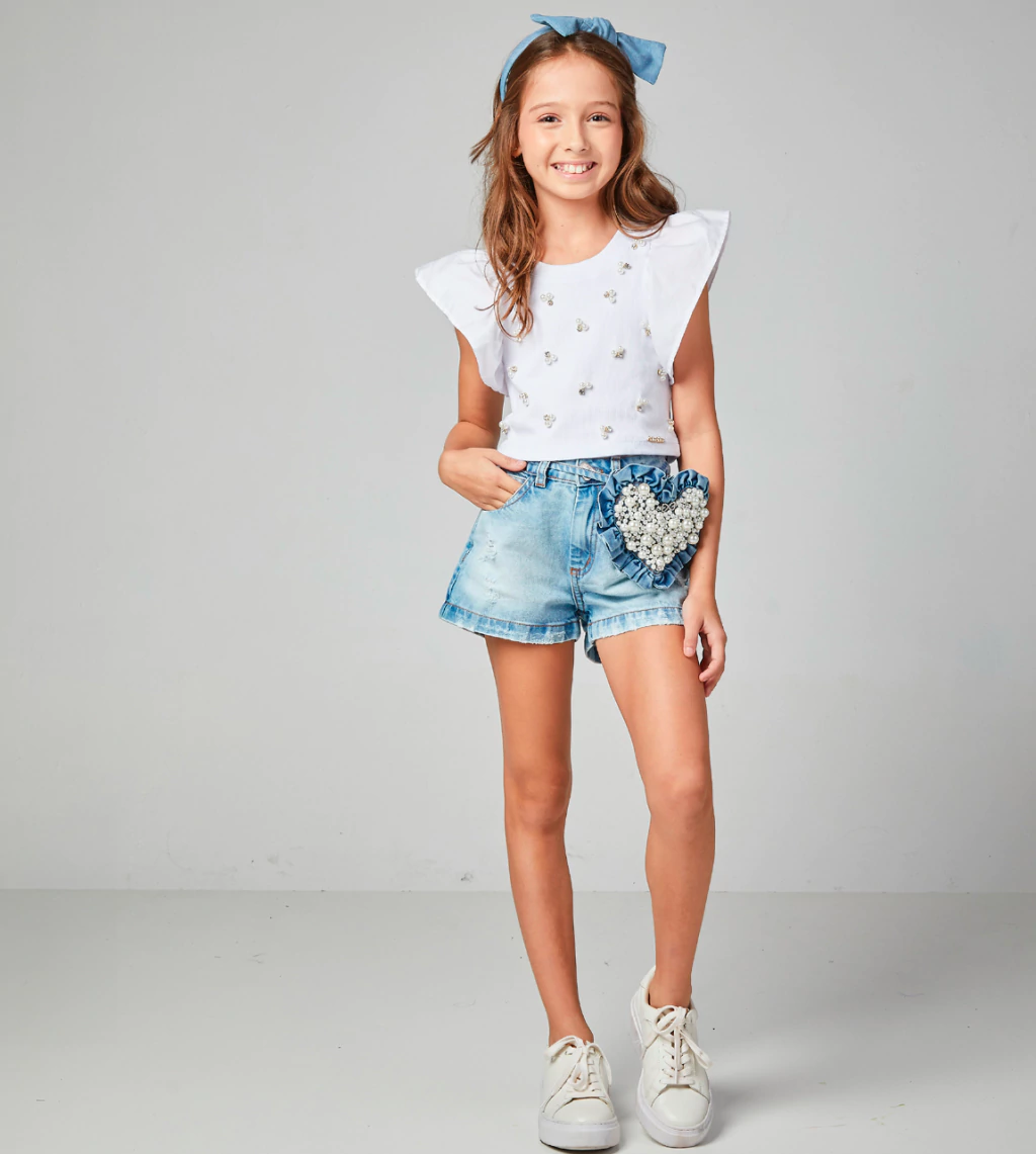 BLUSA BRANCA FEMININA INFANTIL COM APLICAÇÃO DE PEROLAS LULUZINHA