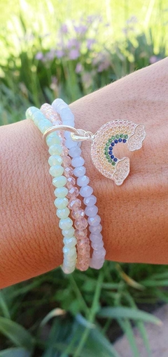 Trio pulsera cristal de roca con dije arcoiris - Chicha accesorios de plata
