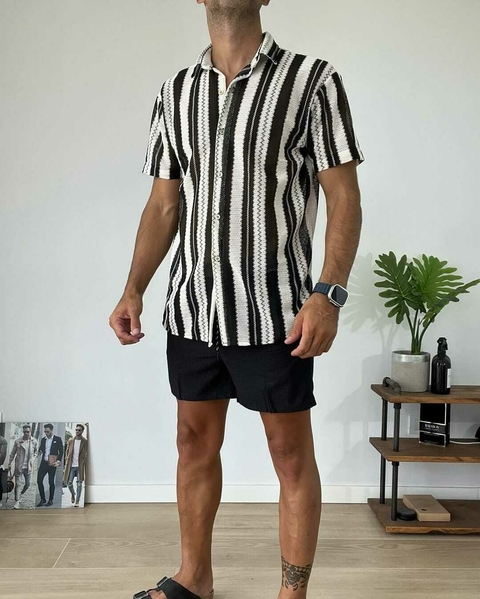 Camisa Manga Corta de Red Rayada