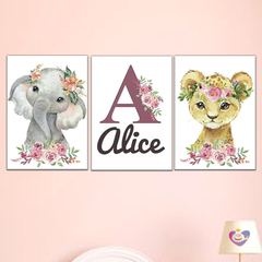 Kit 3 Placas Decorativas Safari Flores Personalizado com o Nome 21x30cm