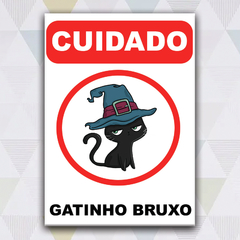 Placa Decorativa Cuidado! Gatinho Bruxo